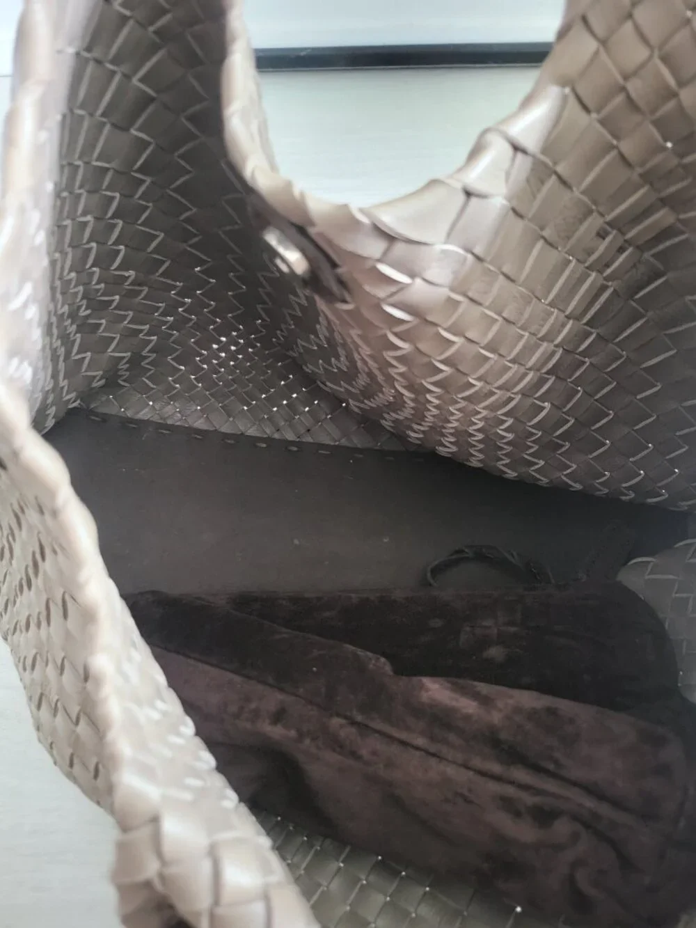 Taupe woven leather handbag